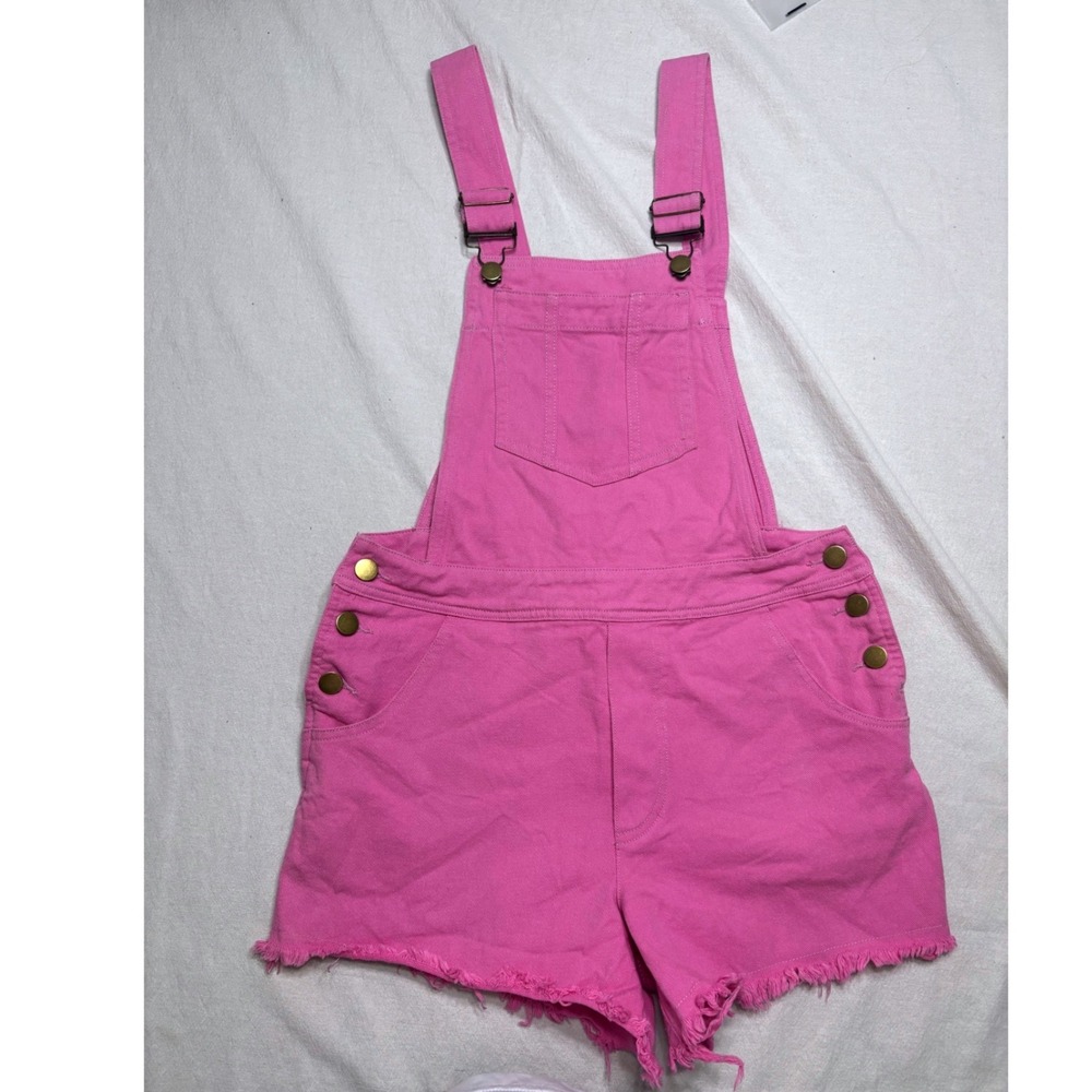 &merci Pink Denim Shortalls Women Small Frayed Hem Bib Overalls Shorts - Picture 2 of 6
